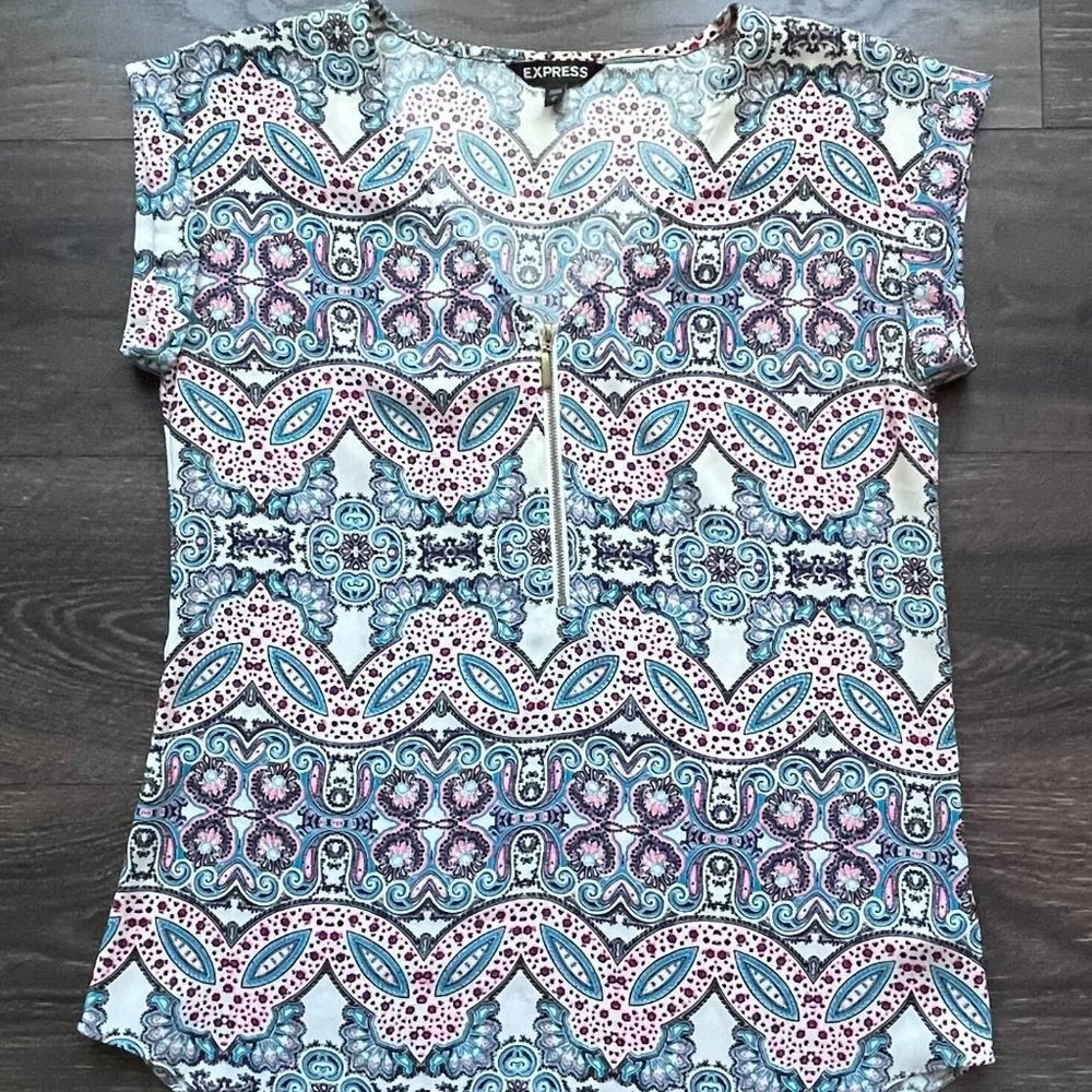 Express Patterned Cap Sleeve Portofino Shirt, Size S Small, Blue, Pink, White